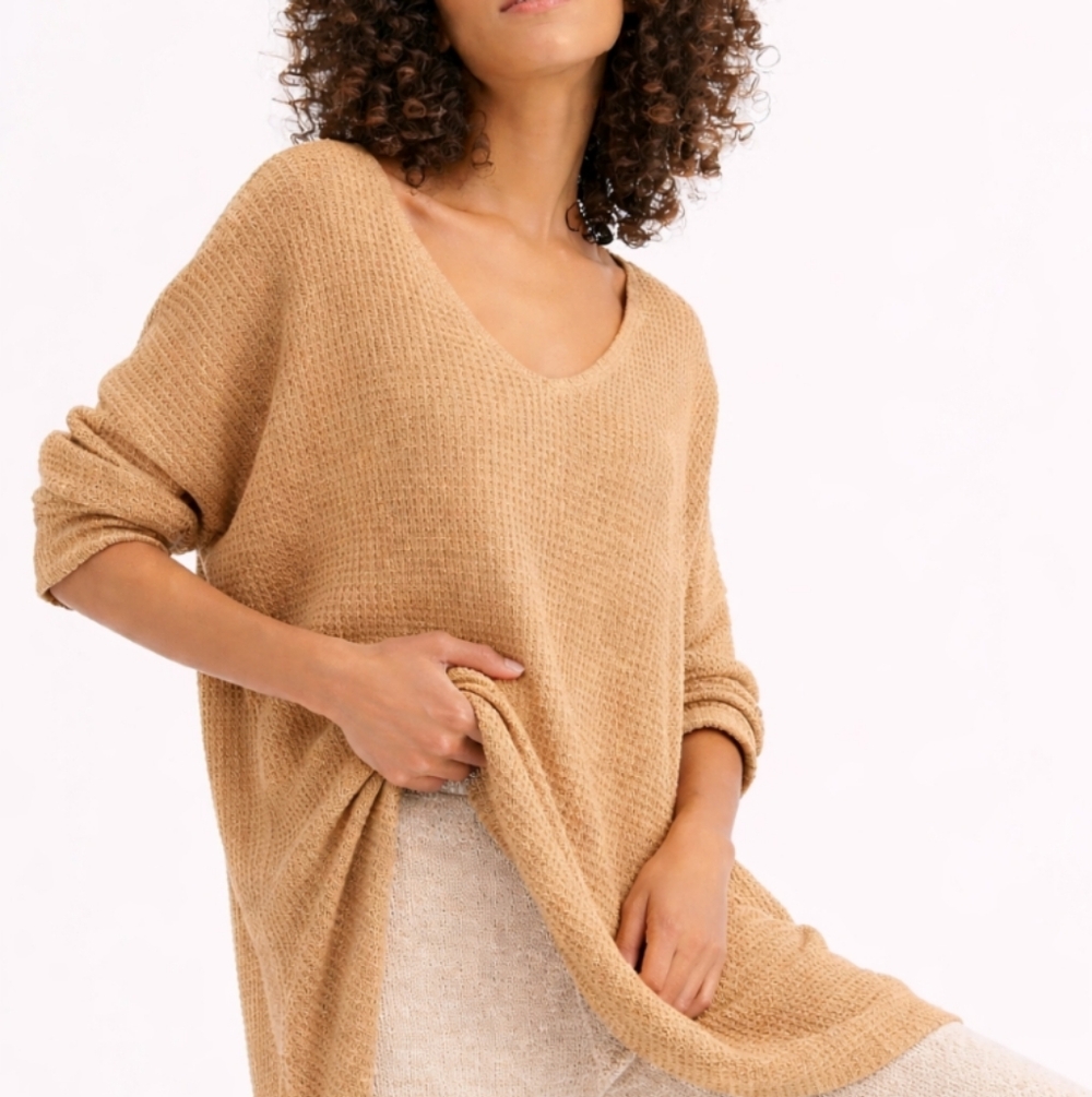 Free People V-Neck Oversized Sweater in Camel
